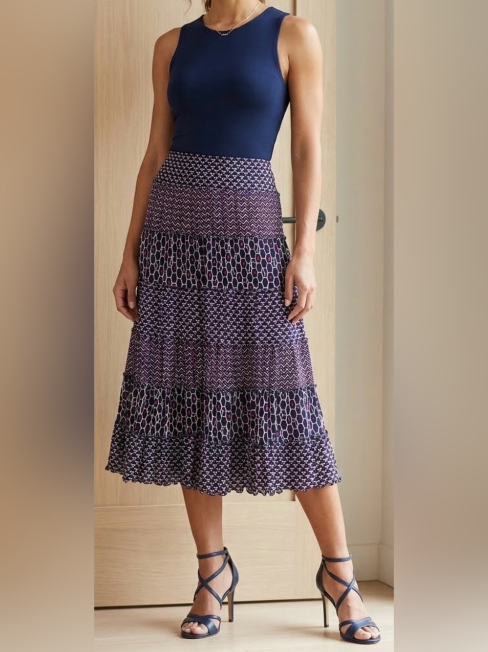 JM Collection Navy, White and Pink Tiered Patterned Maxi Skirt with Liner Size M